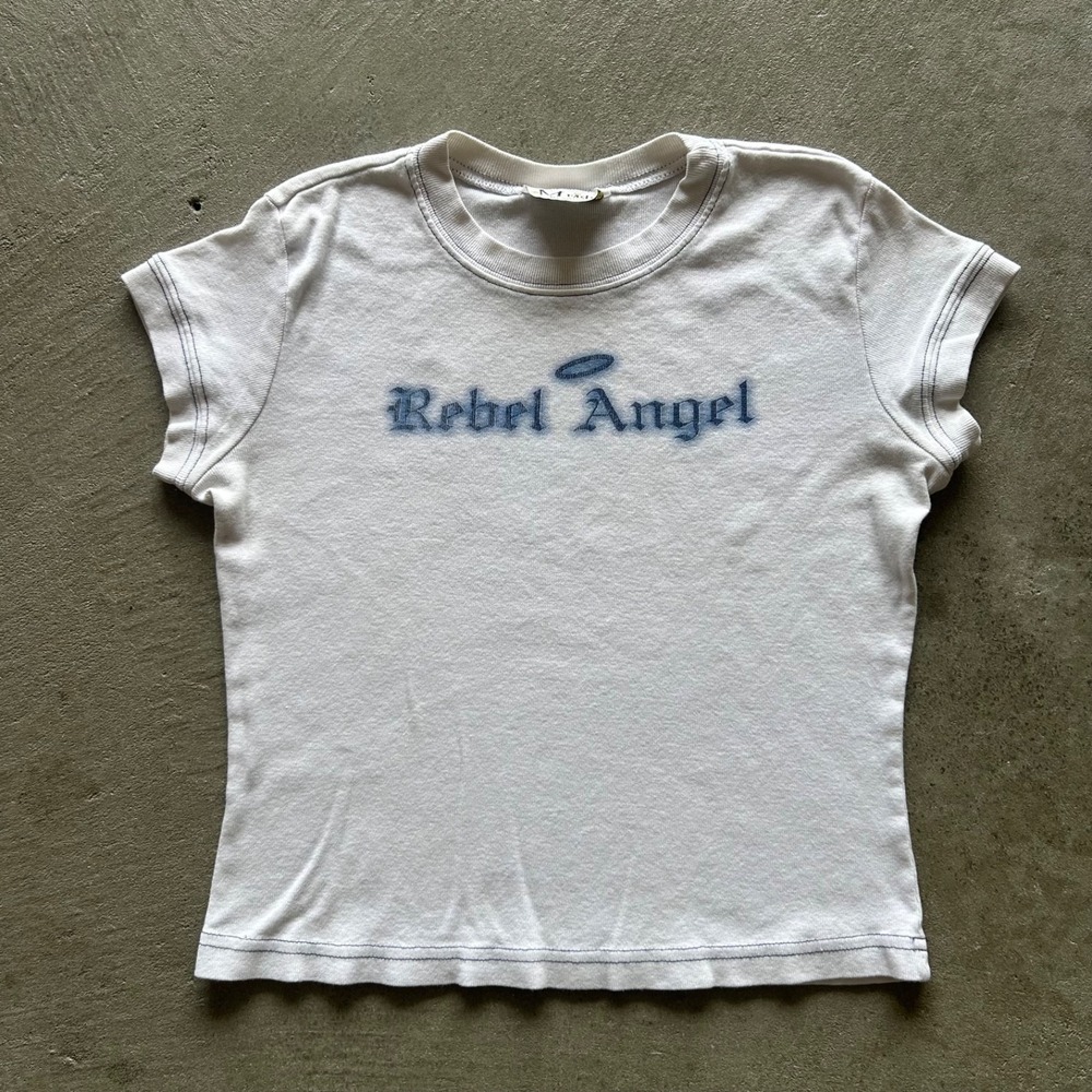 Vintage Rebel Angel Baby Tee Shirt Womens Small White Y2K Biker Wings M Fasis